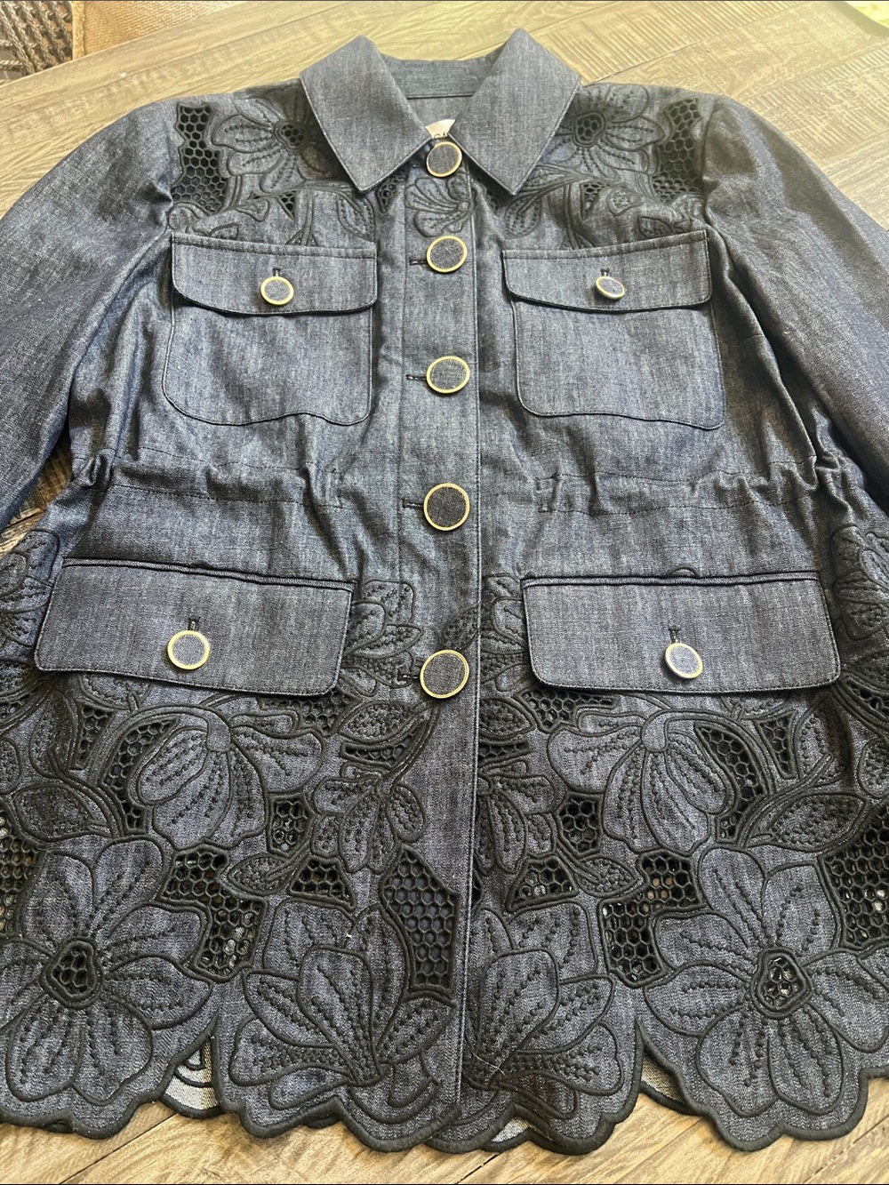 Veronica Beard Black Floral Embroidered Button-Up Jean Jacket - Picture 12 of 14